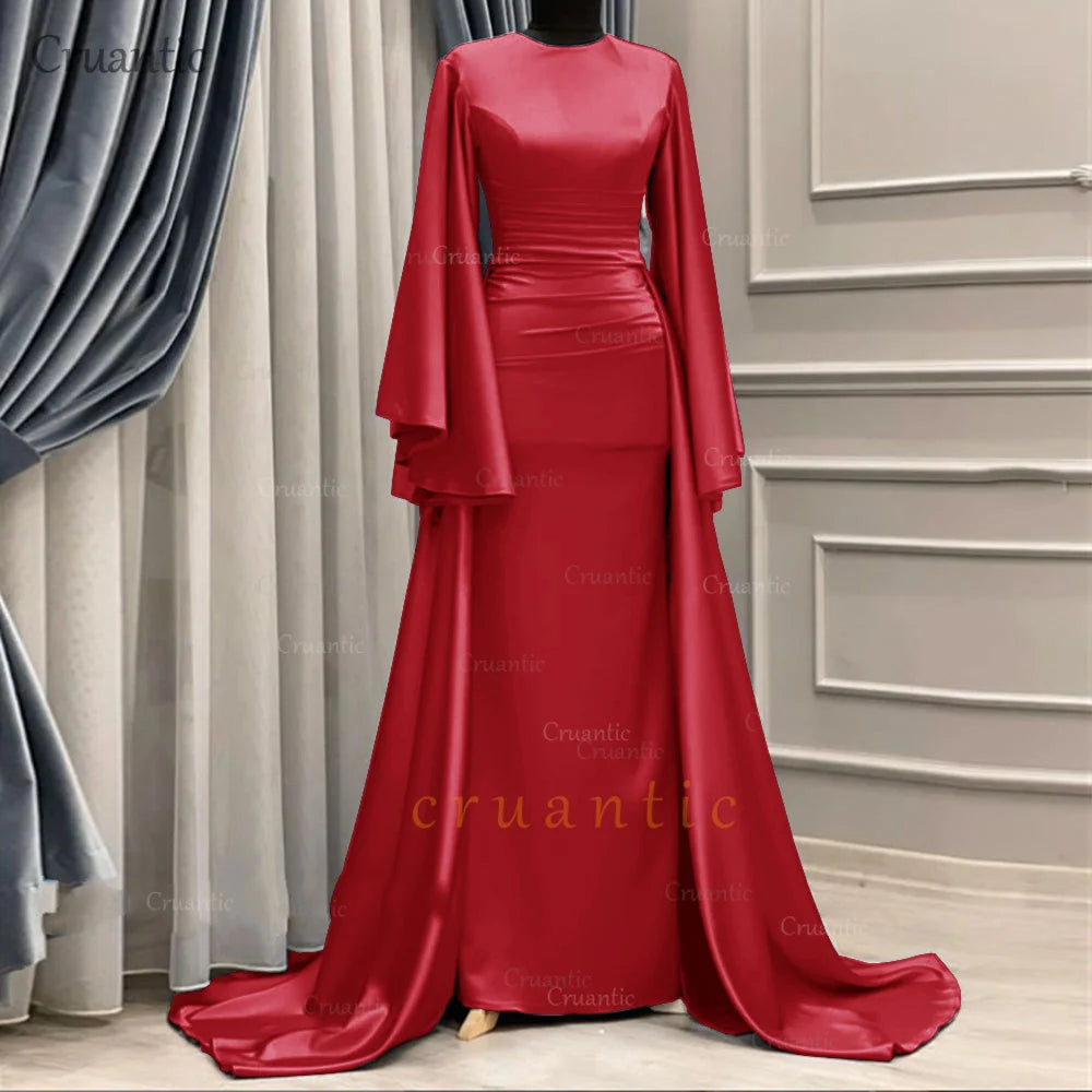 **Elegant Long Sleeve Satin Mermaid Evening Dress – Modest Formal Gown