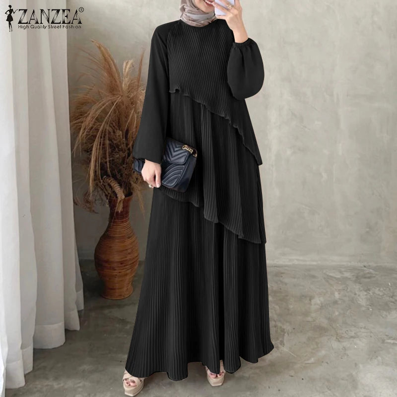 Patchwork Lantern Sleeve Pleated Abaya – Elegant Layered Muslim Maxi Dress