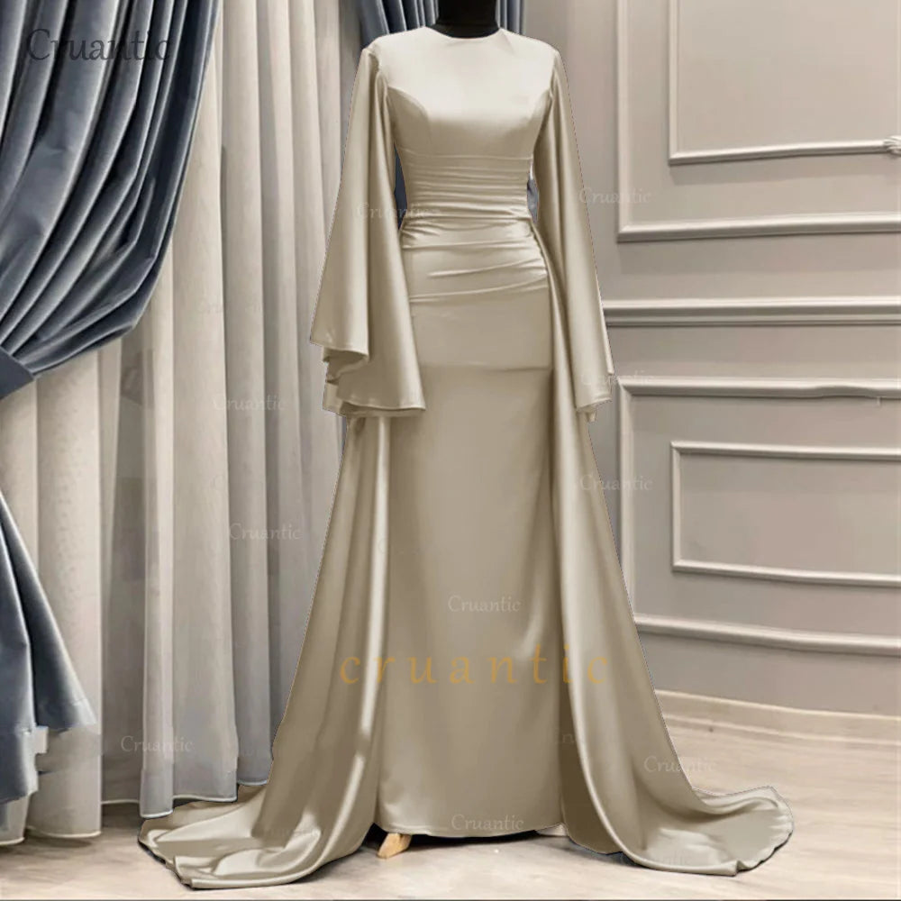 **Elegant Long Sleeve Satin Mermaid Evening Dress – Modest Formal Gown