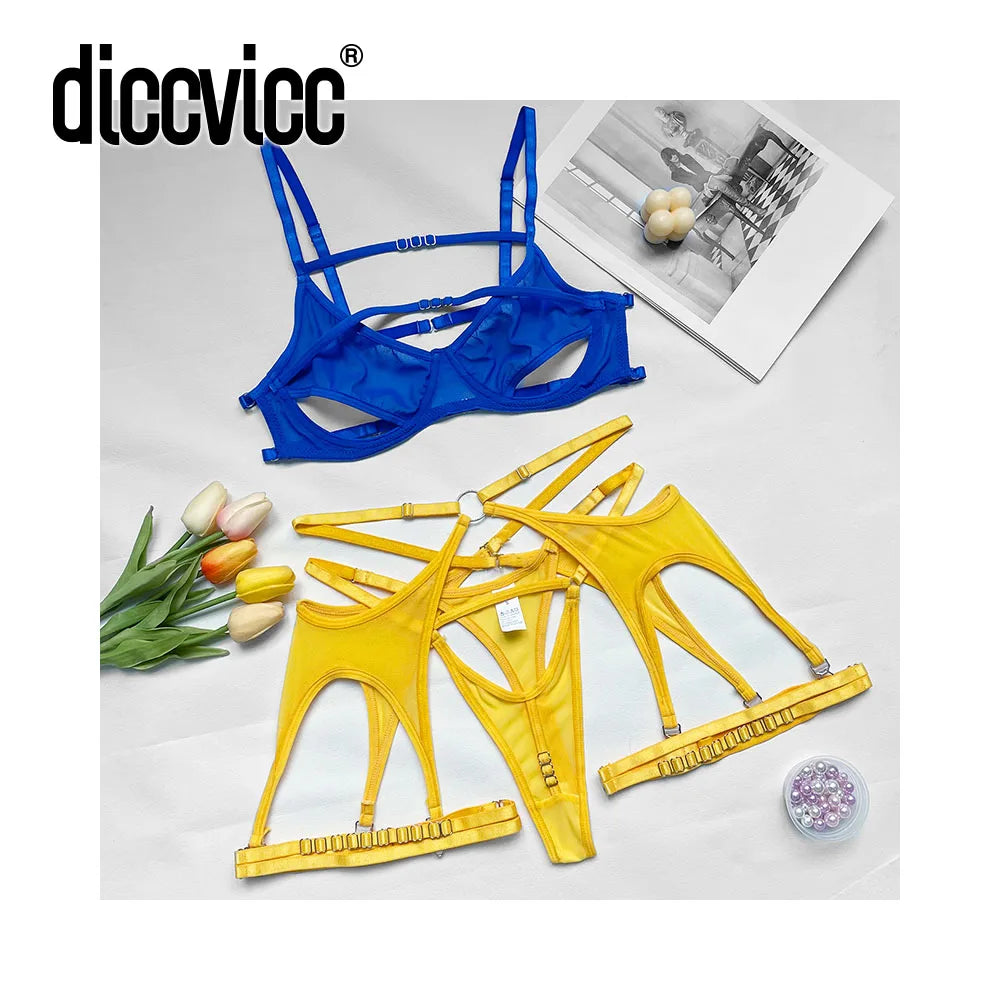 Cut-Out Mesh Lingerie Set – Wire-Free Bra with Garter Belt & Lace Panty