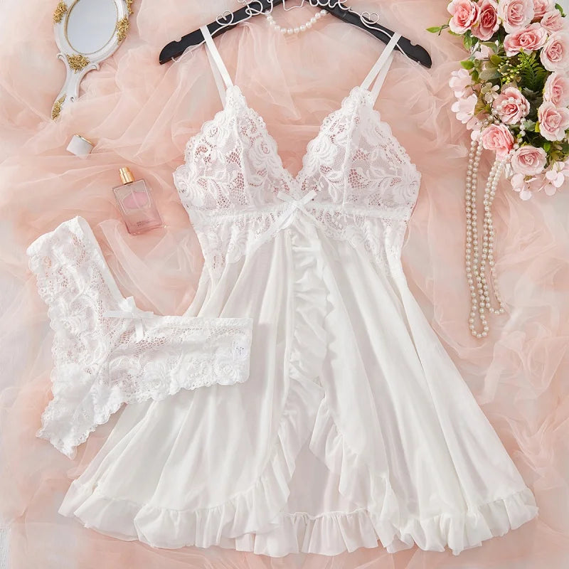 White Deep V Lace Ruffle Lingerie Set – Slip Dress with Thong & Bra