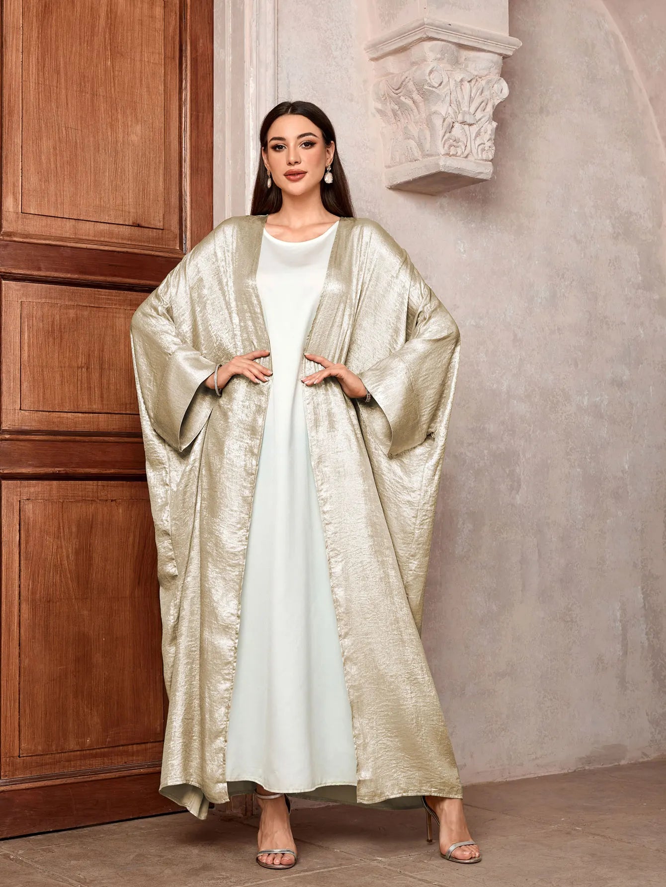 Luxury Satin Open Abaya – Shiny Batwing Eid Party Kaftan Dress