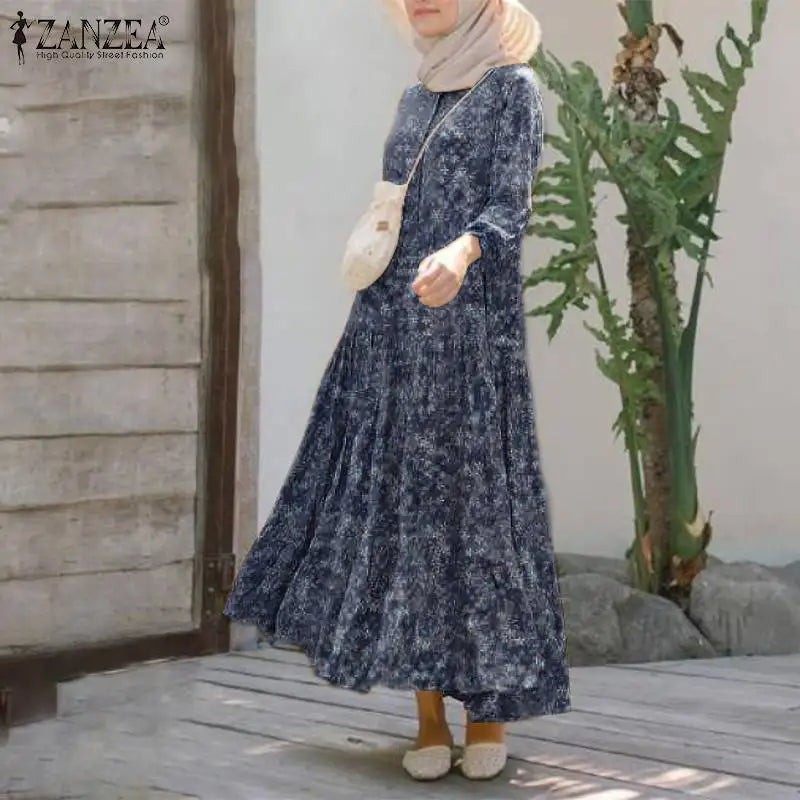 Floral Print Loose Kaftan Dress – Casual Muslim Maxi Abaya 2026