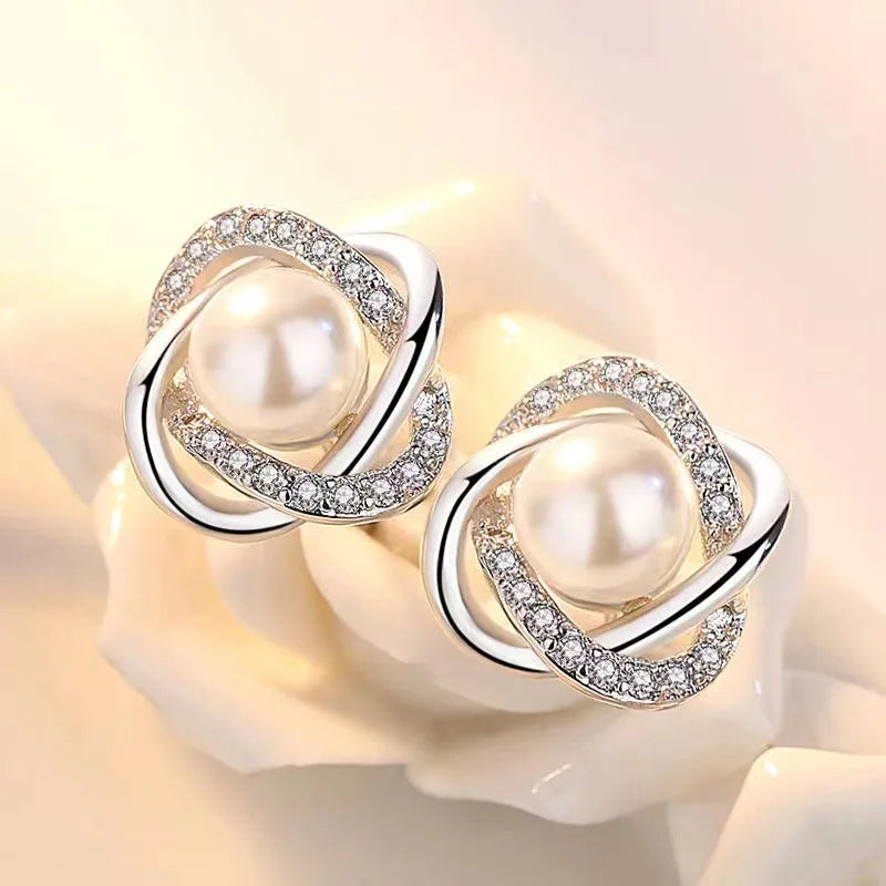 14K Gold Zircon Pearl Twist Stud Earrings – Luxury Women’s Jewelry