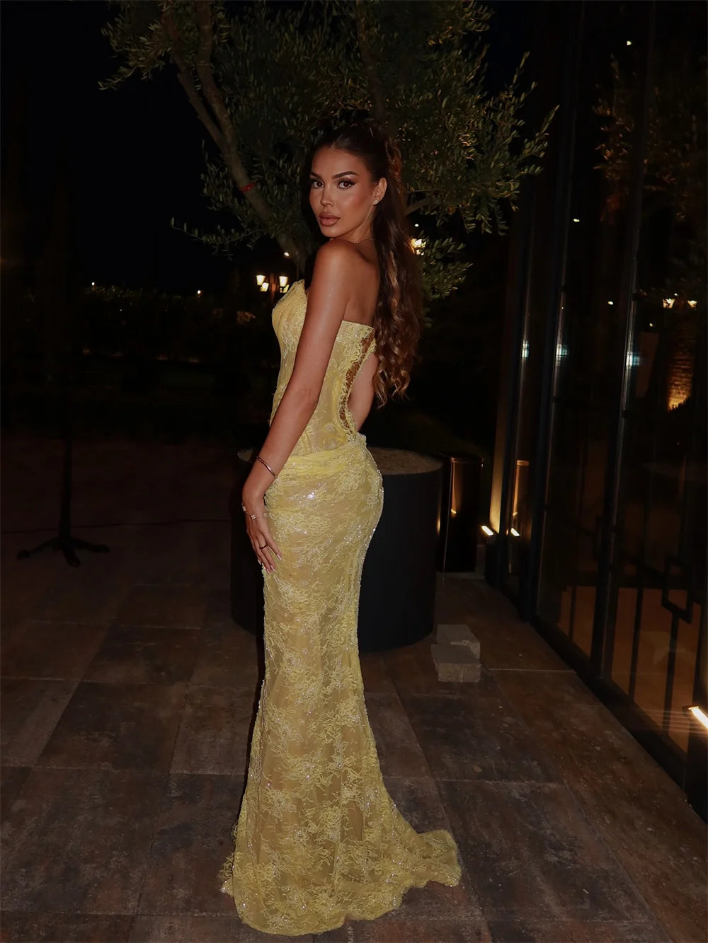 Yellow Lace Sequin Mermaid Prom Dress – Sleeveless High Slit Evening Gown