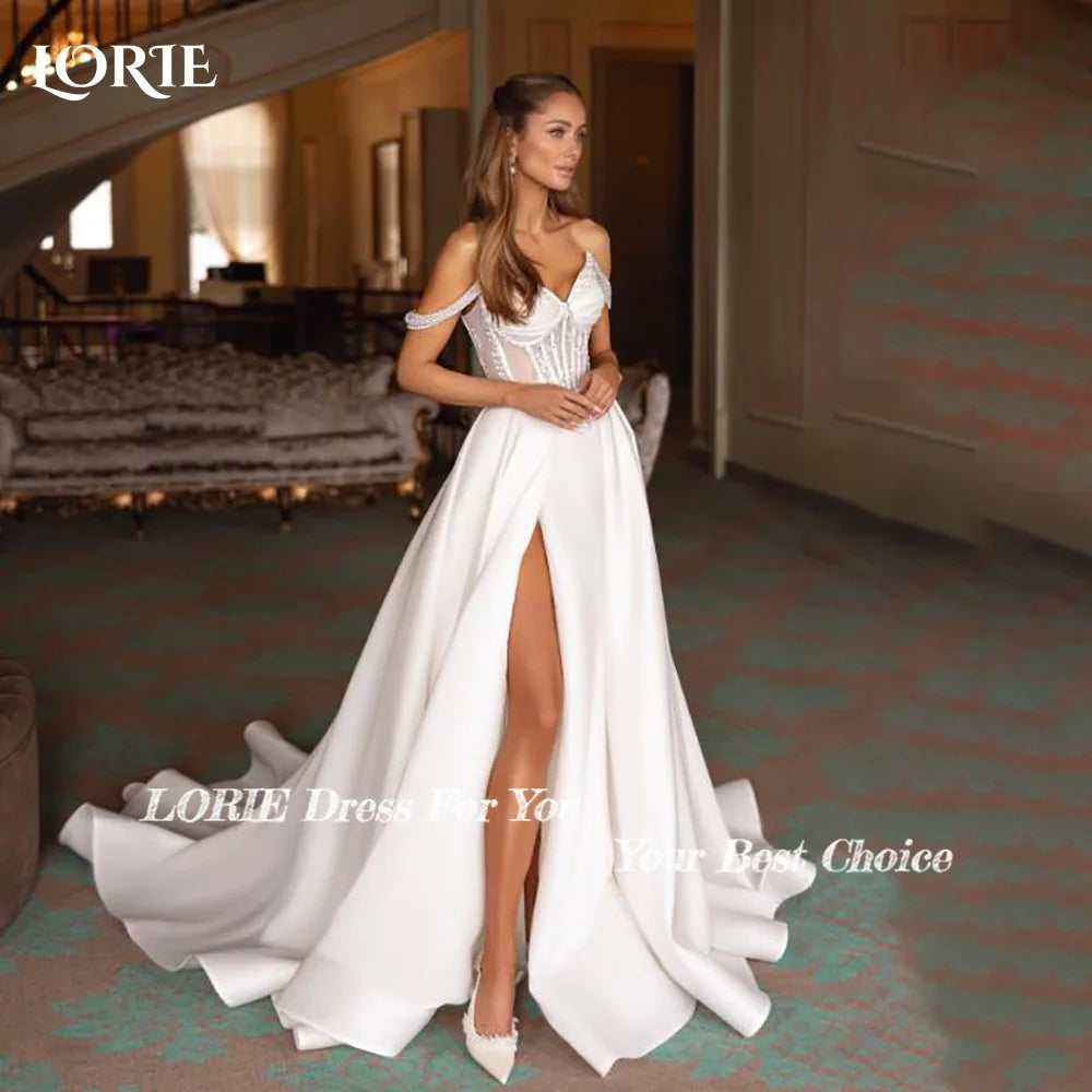 Vintage Pearl Wedding Dress – Off-Shoulder A-Line Bridal Gown