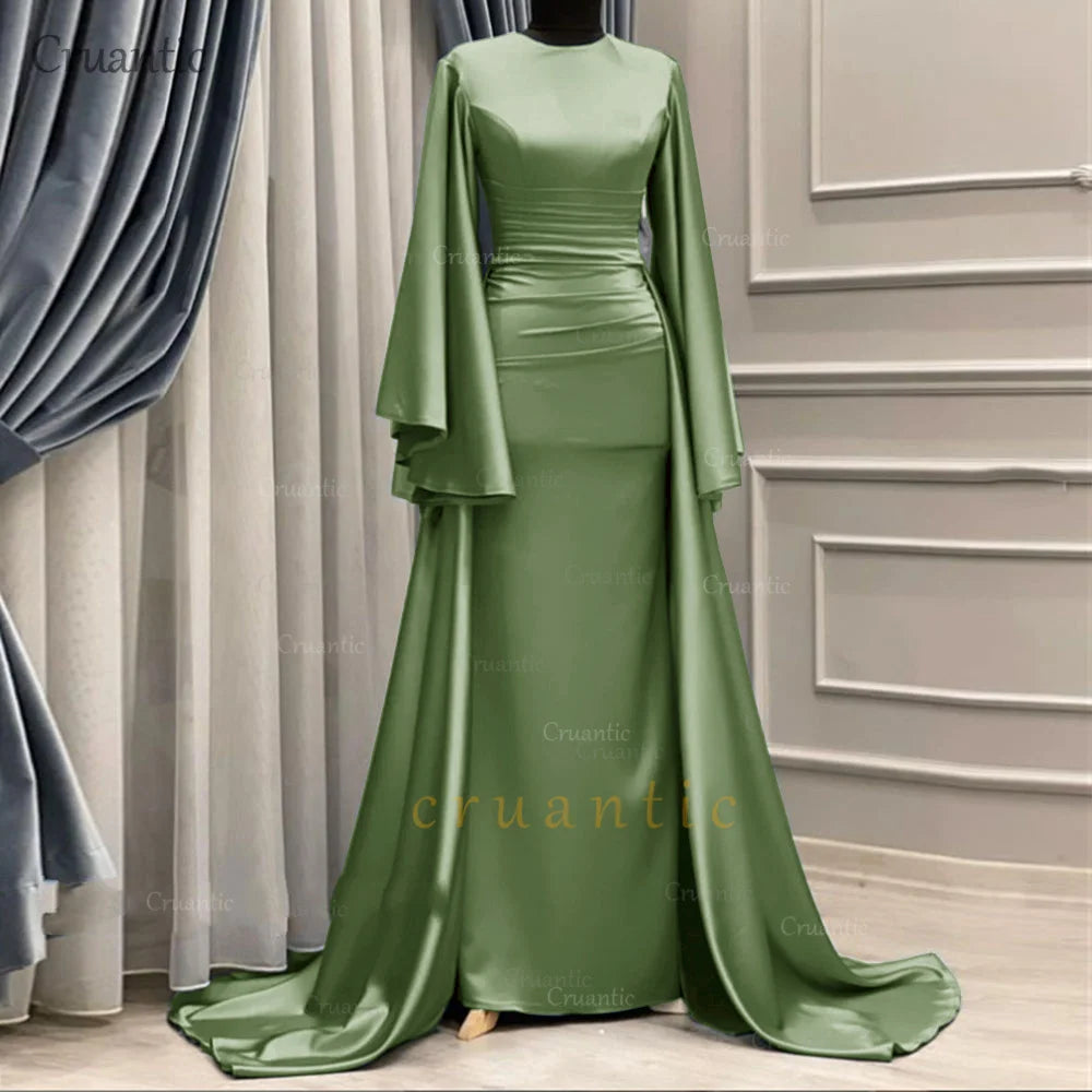 **Elegant Long Sleeve Satin Mermaid Evening Dress – Modest Formal Gown