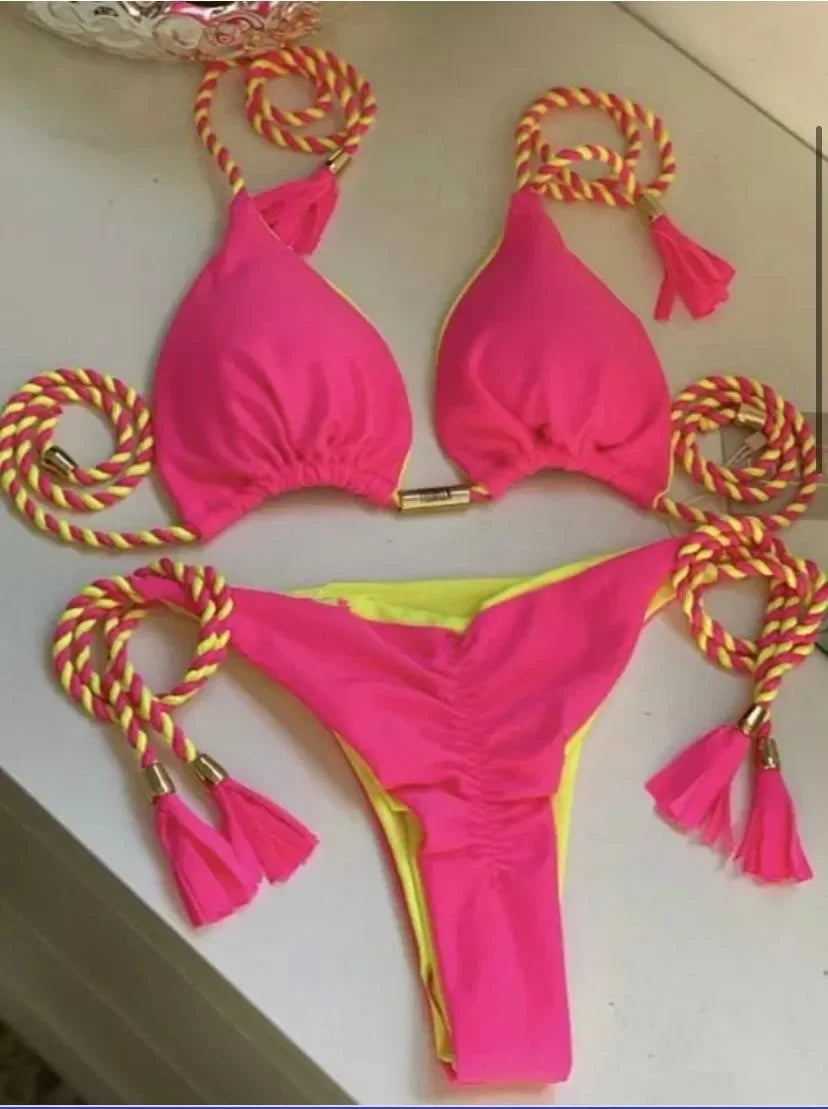 Multicolor Backless Rope Triangle Bikini Set – Women’s Swimsuit