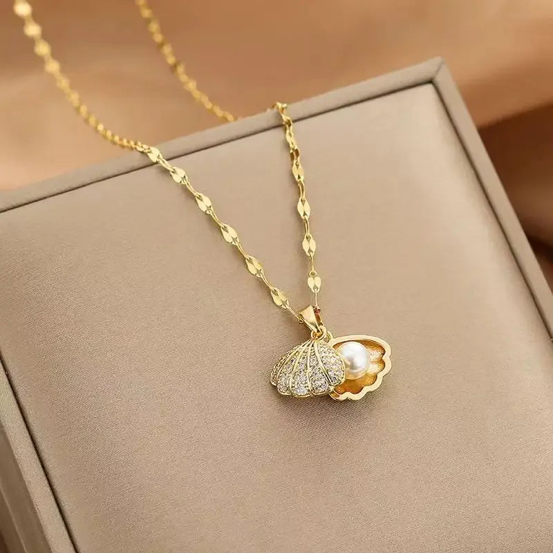 Peach Heart Pearl Oyster Necklace – Stainless Steel Clavicle Chain Jewelry