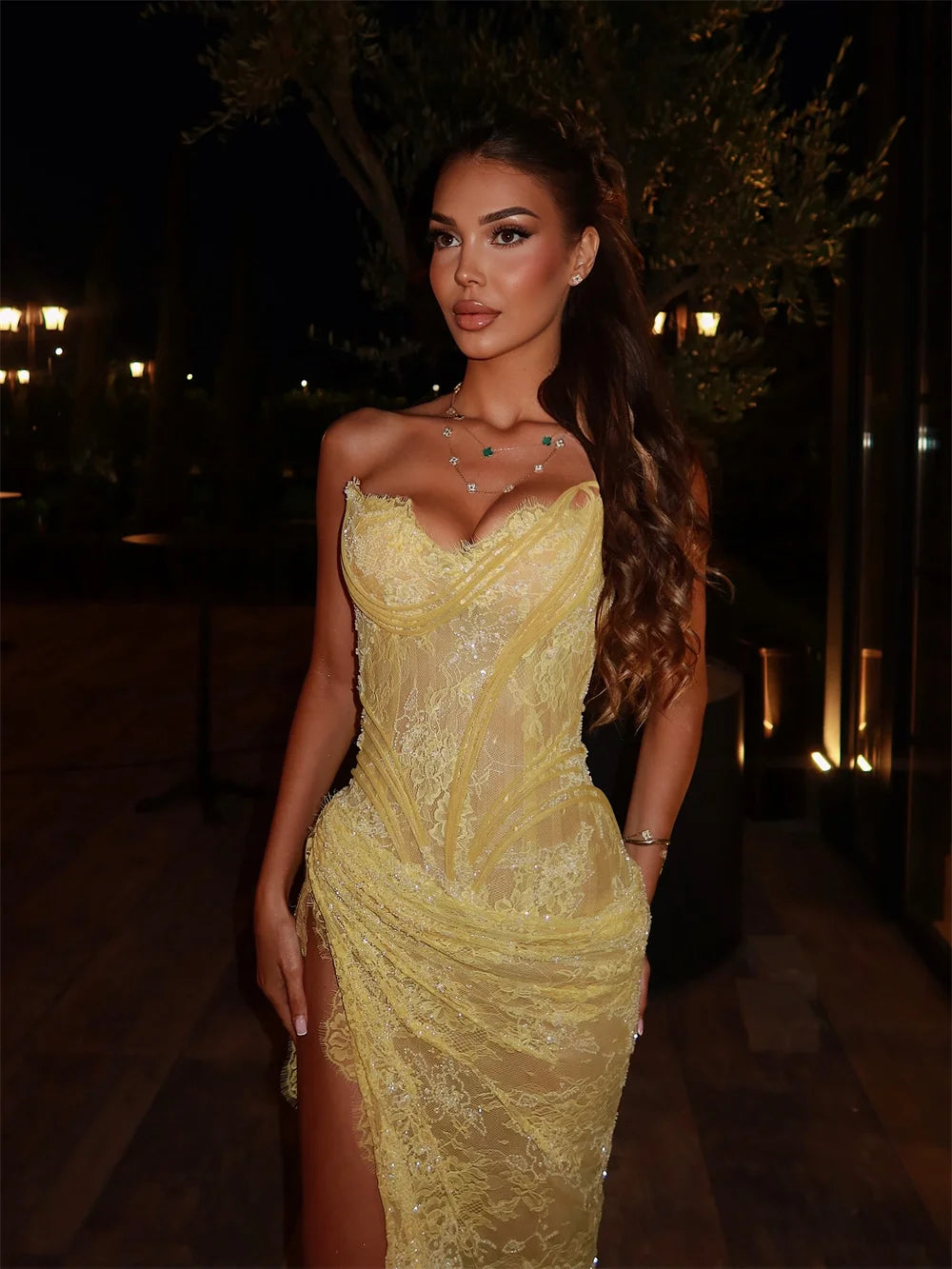 Yellow Lace Sequin Mermaid Prom Dress – Sleeveless High Slit Evening Gown