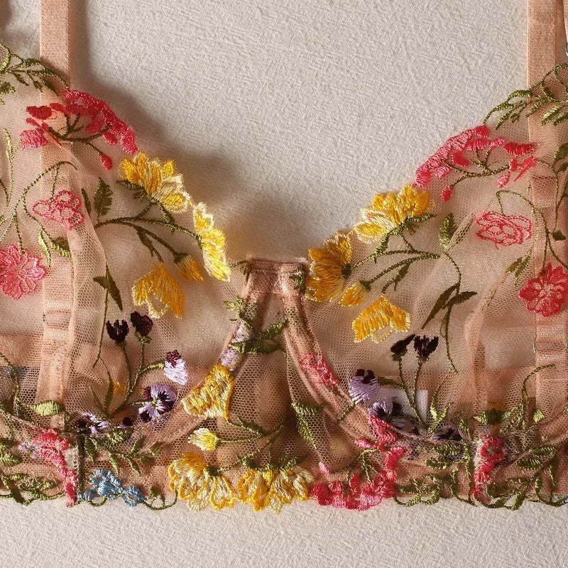 2026 Floral Embroidery Sheer Boho Lingerie Set – Bra & Panty 2-Piece