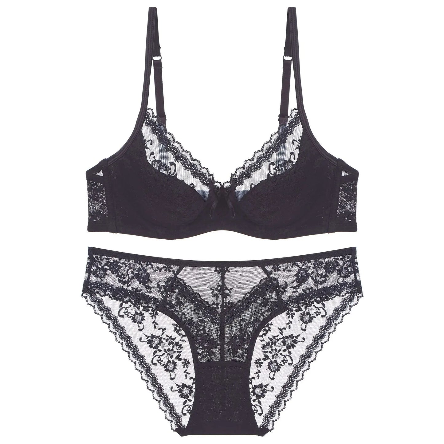 Summer sexy lace embroidered women’s lingerie set, French-style thin cup push-up bra, comfortable and breathable, with matching bra and briefs.