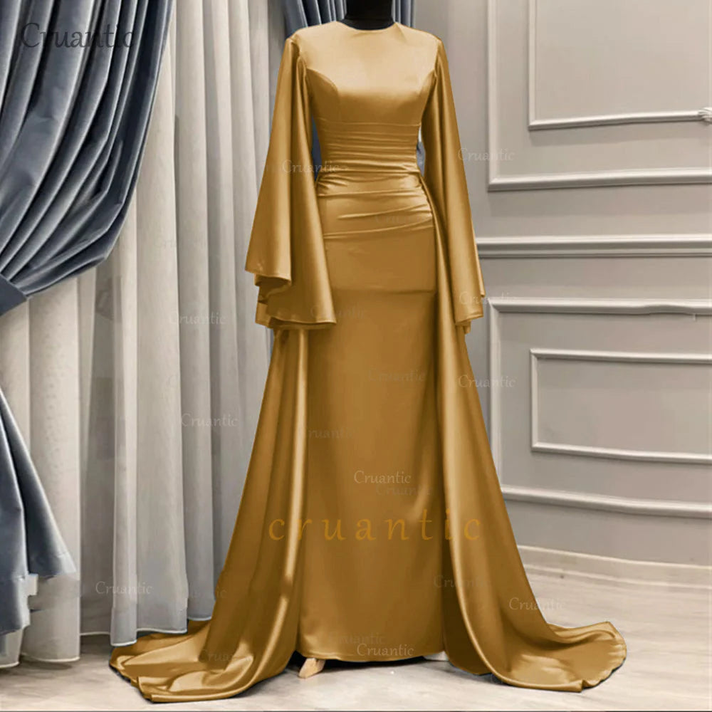 **Elegant Long Sleeve Satin Mermaid Evening Dress – Modest Formal Gown