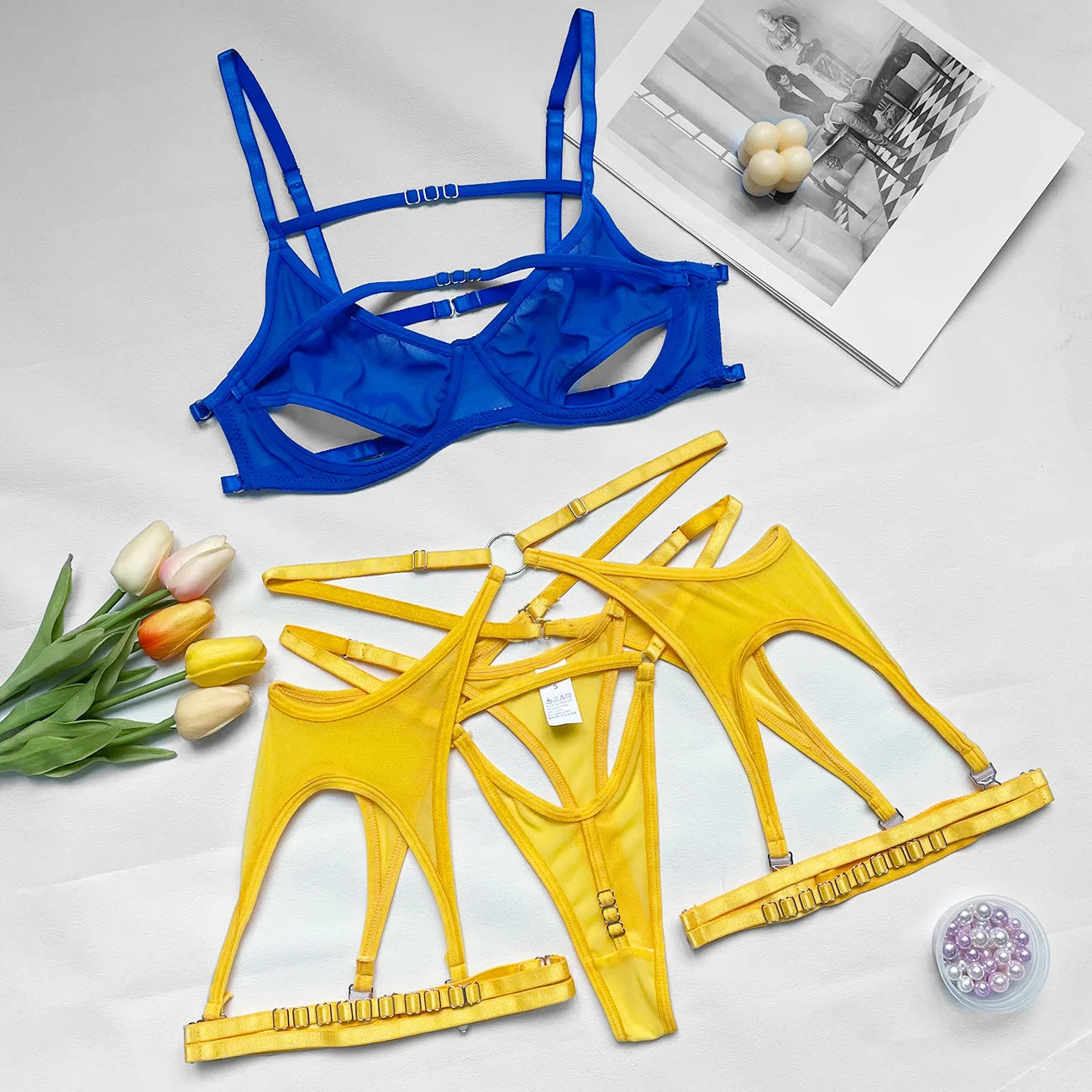 Cut-Out Mesh Lingerie Set – Wire-Free Bra with Garter Belt & Lace Panty