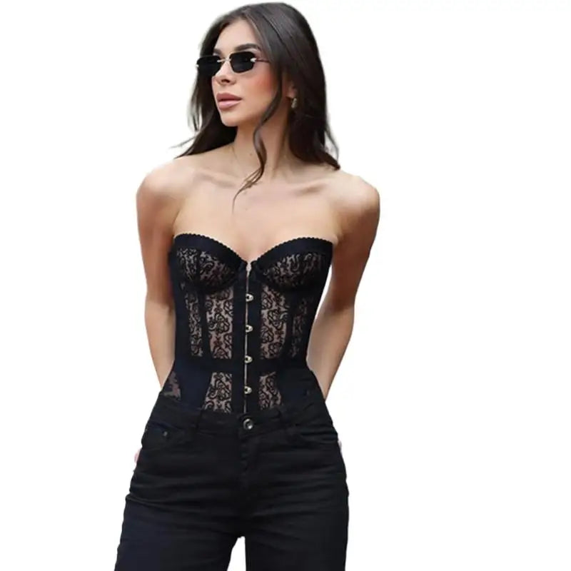 Steel Boned Strapless Lace Corset Top – Gothic Front Button Bustier