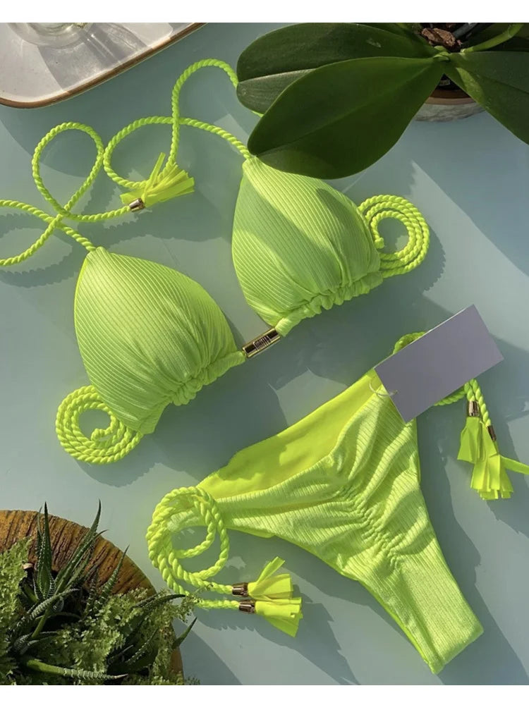 Multicolor Backless Rope Triangle Bikini Set – Women’s Swimsuit