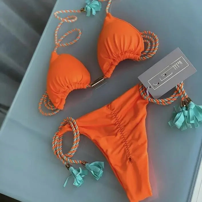Multicolor Backless Rope Triangle Bikini Set – Women’s Swimsuit