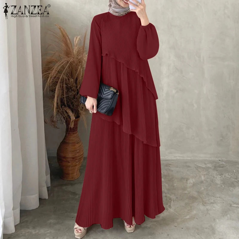 Patchwork Lantern Sleeve Pleated Abaya – Elegant Layered Muslim Maxi Dress