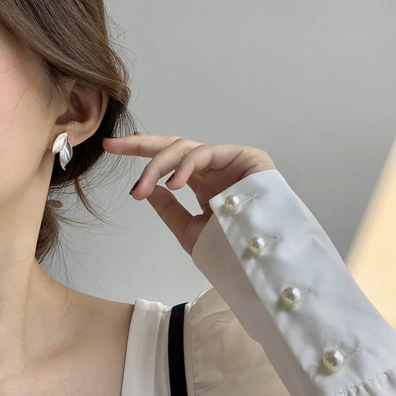 Korean Grey Leaf Metal Stud Earrings – Trendy Women’s Fashion Jewelry