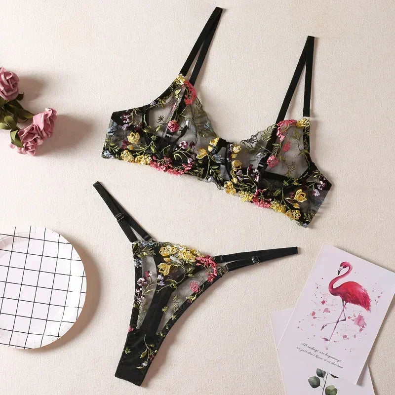 2026 Floral Embroidery Sheer Boho Lingerie Set – Bra & Panty 2-Piece