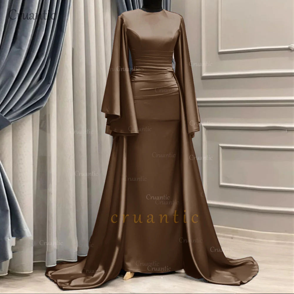 **Elegant Long Sleeve Satin Mermaid Evening Dress – Modest Formal Gown