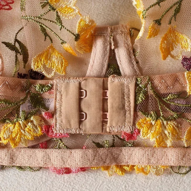 2026 Floral Embroidery Sheer Boho Lingerie Set – Bra & Panty 2-Piece