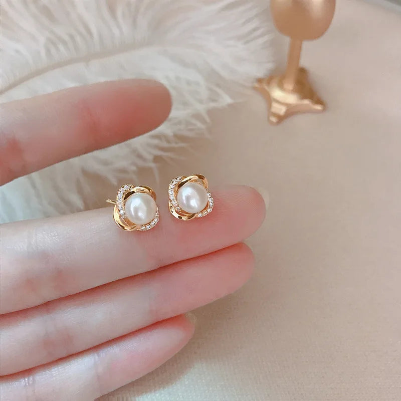 14K Gold Zircon Pearl Twist Stud Earrings – Luxury Women’s Jewelry