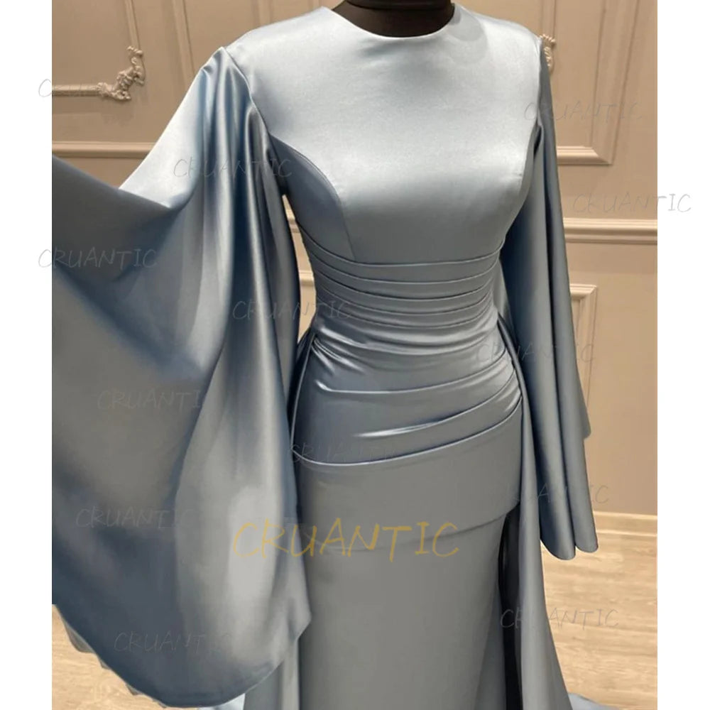 **Elegant Long Sleeve Satin Mermaid Evening Dress – Modest Formal Gown