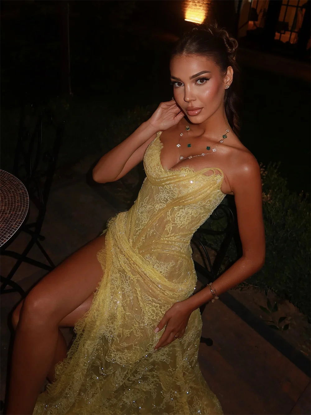Yellow Lace Sequin Mermaid Prom Dress – Sleeveless High Slit Evening Gown
