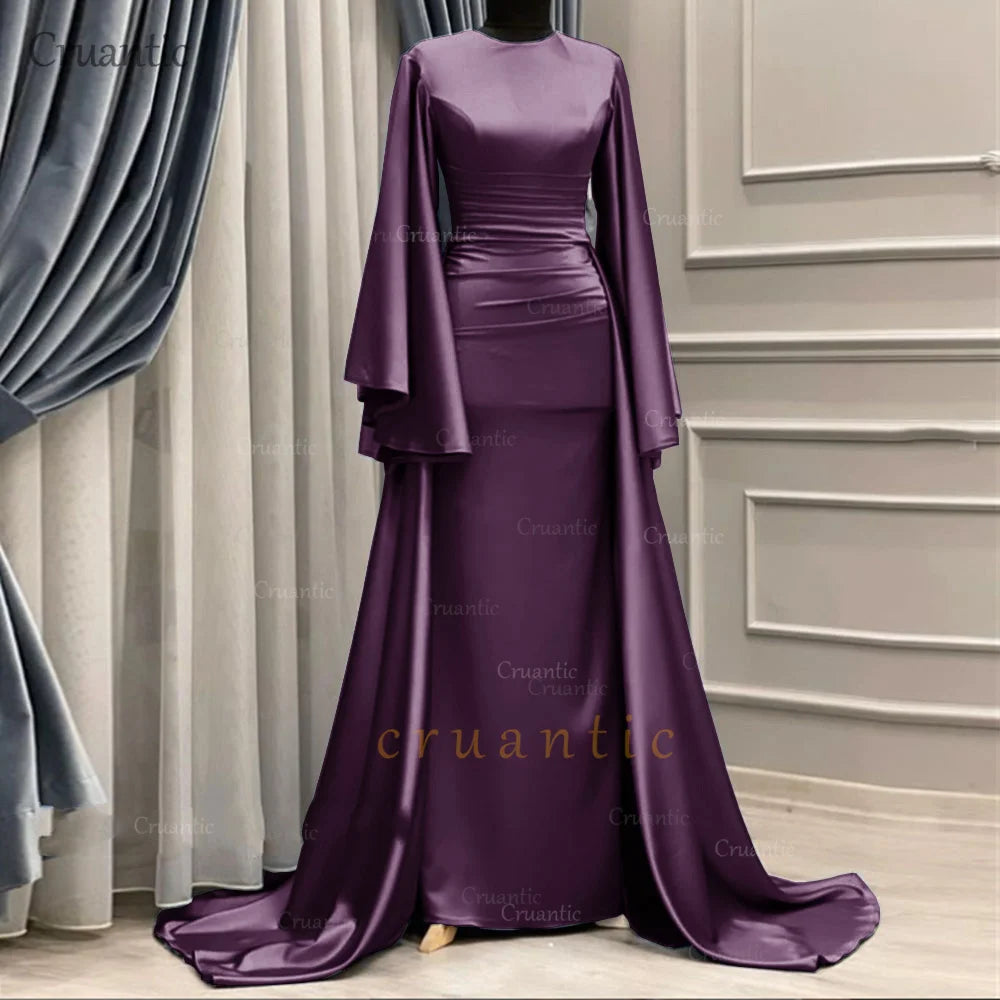 **Elegant Long Sleeve Satin Mermaid Evening Dress – Modest Formal Gown