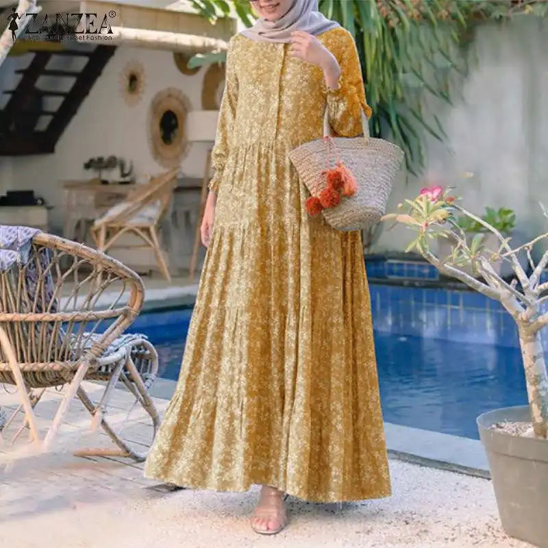 Floral Print Loose Kaftan Dress – Casual Muslim Maxi Abaya 2026