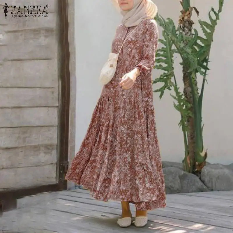 Floral Print Loose Kaftan Dress – Casual Muslim Maxi Abaya 2026