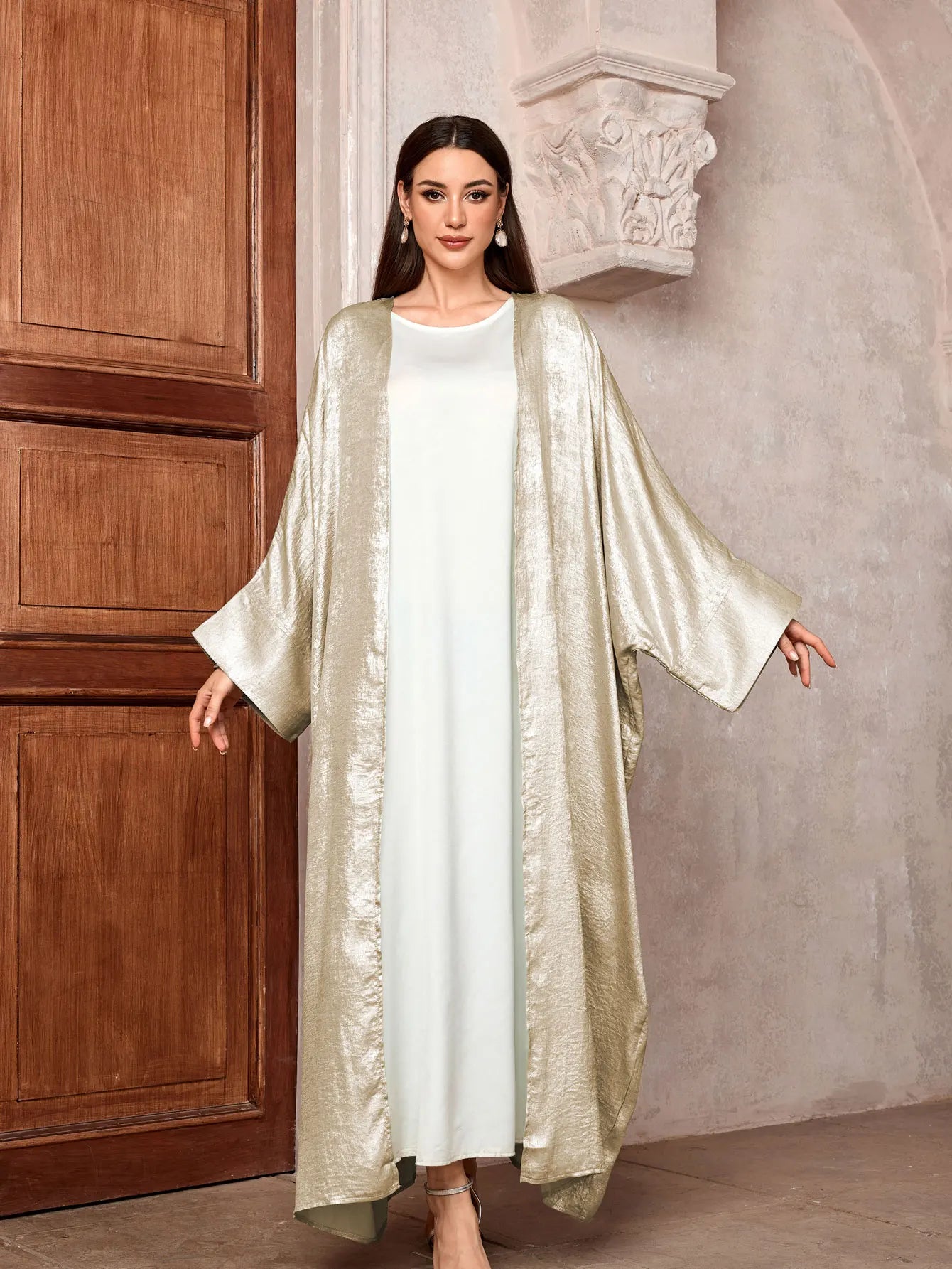 Luxury Satin Open Abaya – Shiny Batwing Eid Party Kaftan Dress