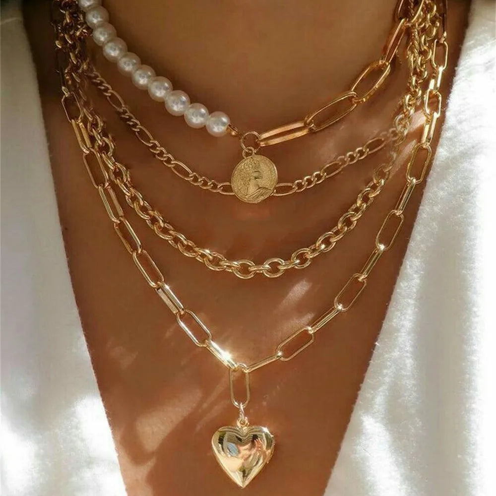 Vintage Punk Gold-Plated Coin Pendant Necklace – Thick Chain Hip Hop Jewelry