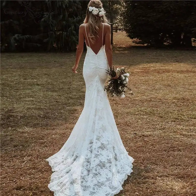 Bohemian Backless Lace Mermaid Wedding Dress – Spaghetti Strap Bridal Gown