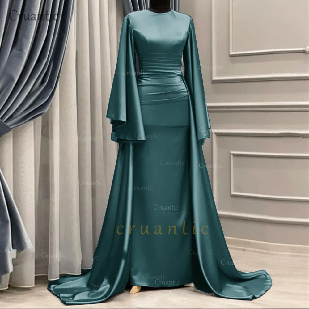**Elegant Long Sleeve Satin Mermaid Evening Dress – Modest Formal Gown