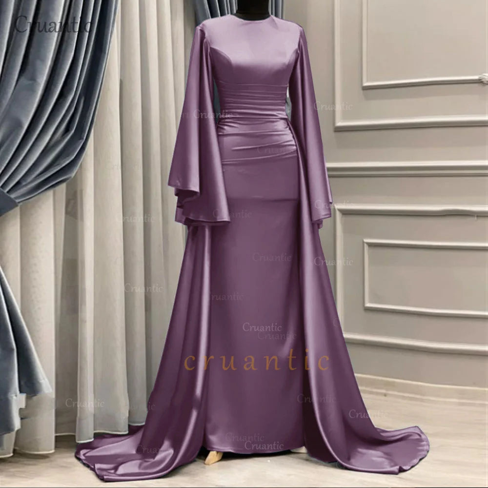 **Elegant Long Sleeve Satin Mermaid Evening Dress – Modest Formal Gown