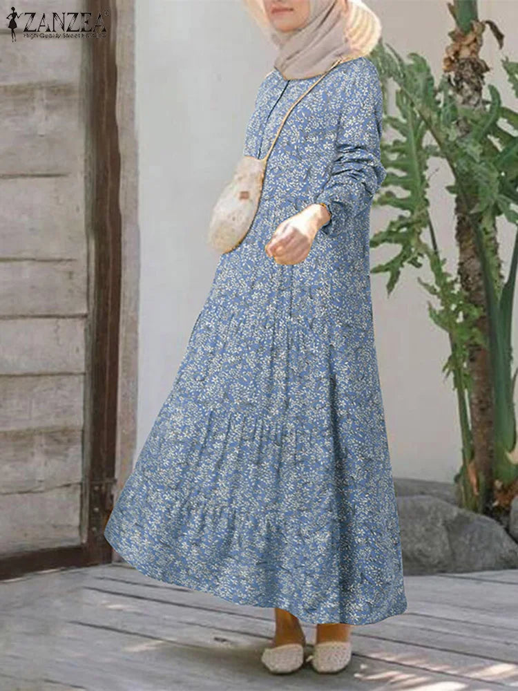 Floral Print Loose Kaftan Dress – Casual Muslim Maxi Abaya 2026