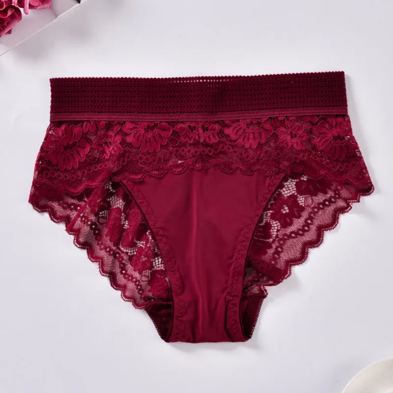 Plus-Size High-Waisted Embroidered Lace Briefs – Comfortable Breathable Underwear