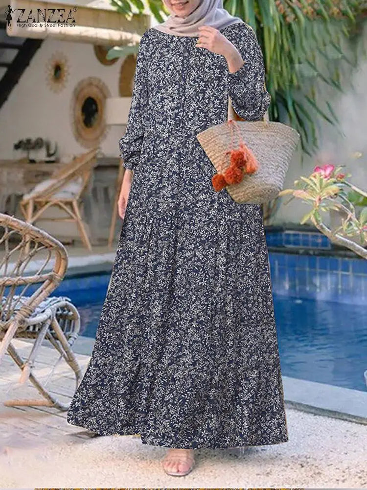 Floral Print Loose Kaftan Dress – Casual Muslim Maxi Abaya 2026