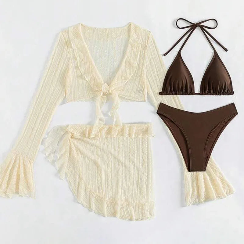 2026 Sexy 4-Piece Bikini Set – Long Sleeve Cover-Up Swimwea