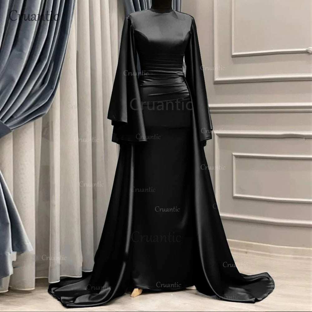 **Elegant Long Sleeve Satin Mermaid Evening Dress – Modest Formal Gown