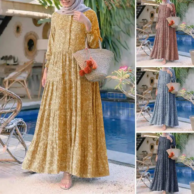 Floral Print Loose Kaftan Dress – Casual Muslim Maxi Abaya 2026