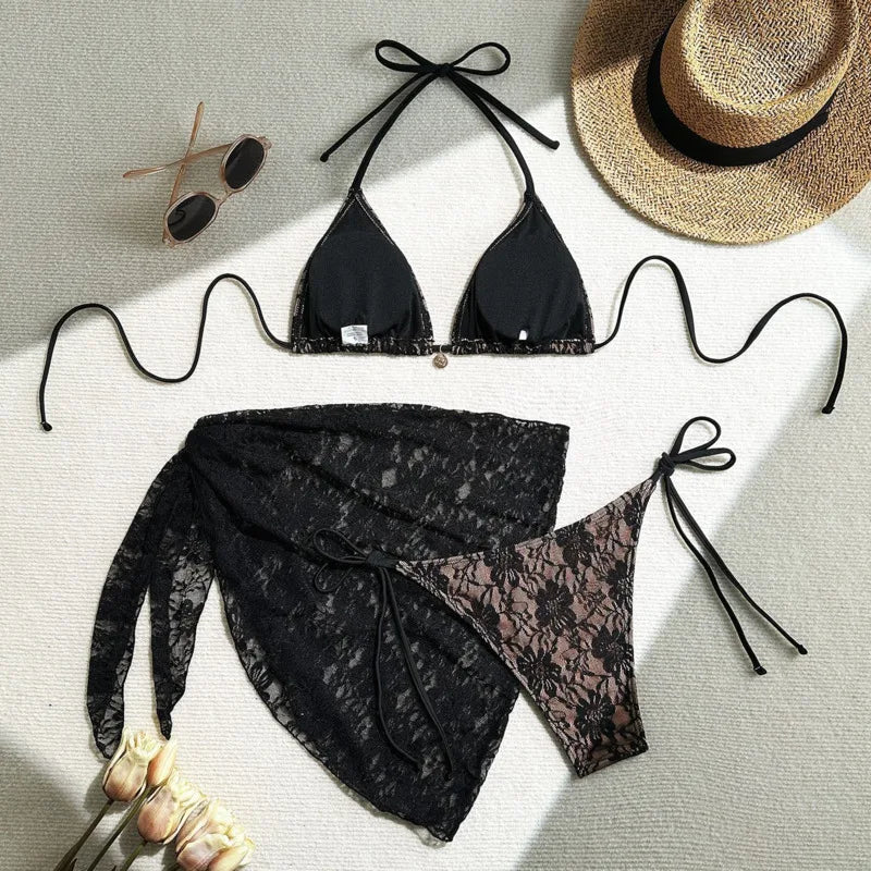 Lace Three-Piece Bikini Set – Women Swimwear