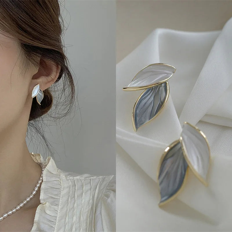 Korean Grey Leaf Metal Stud Earrings – Trendy Women’s Fashion Jewelry