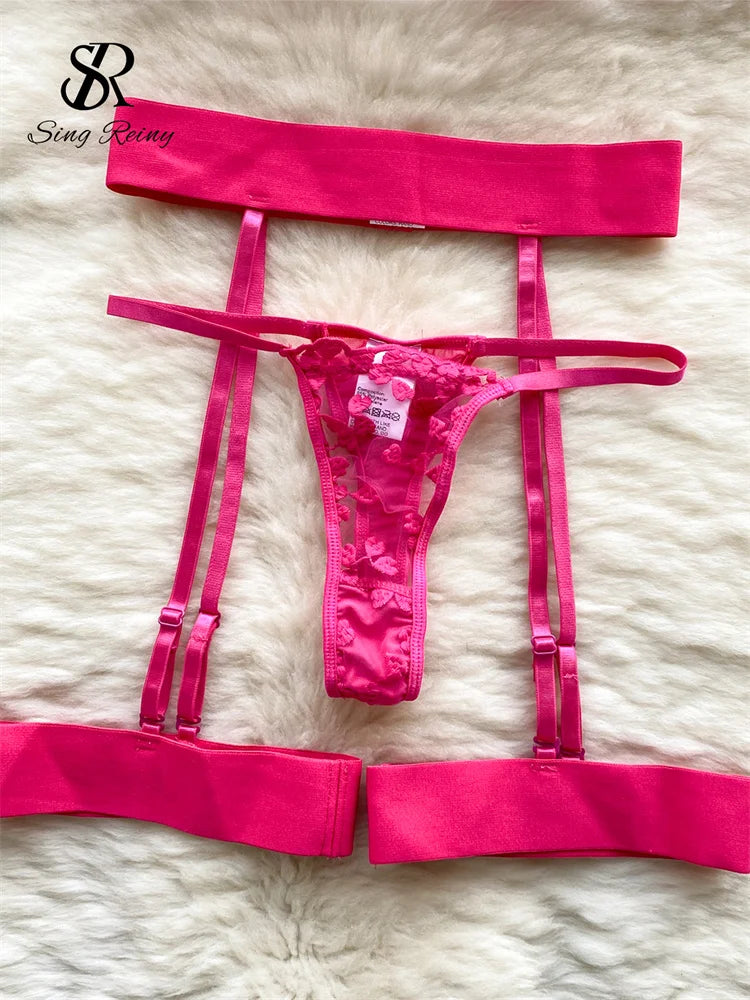 Floral Embroidery Sheer Lingerie Set – Camisole Top with Thong & Bra