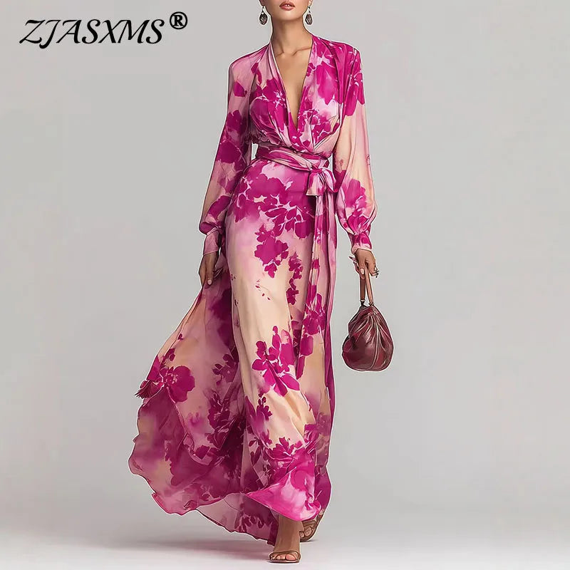 Robes for Woman Sexy Deep V Neck Vacation Maxi Dress Spring Elegant High Waist Belted Long Dress Woman Lantern Sleeve Boho Dress