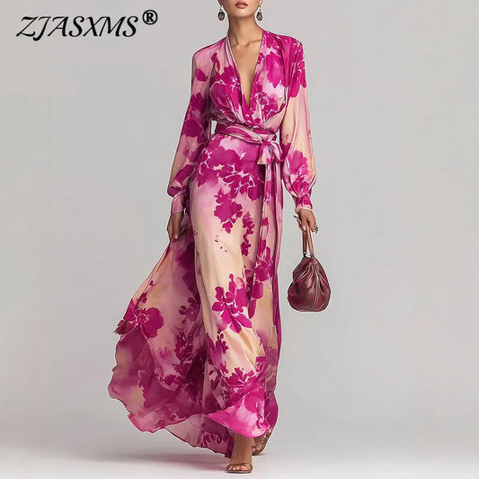 Robes for Woman Sexy Deep V Neck Vacation Maxi Dress Spring Elegant High Waist Belted Long Dress Woman Lantern Sleeve Boho Dress