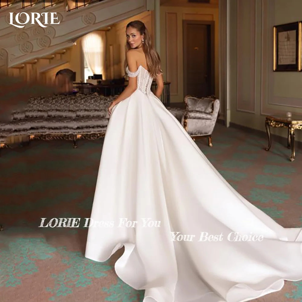 Vintage Pearl Wedding Dress – Off-Shoulder A-Line Bridal Gown