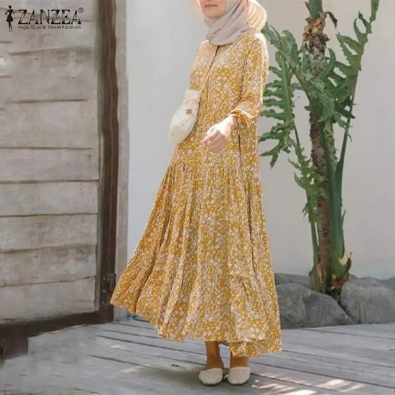 Floral Print Loose Kaftan Dress – Casual Muslim Maxi Abaya 2026